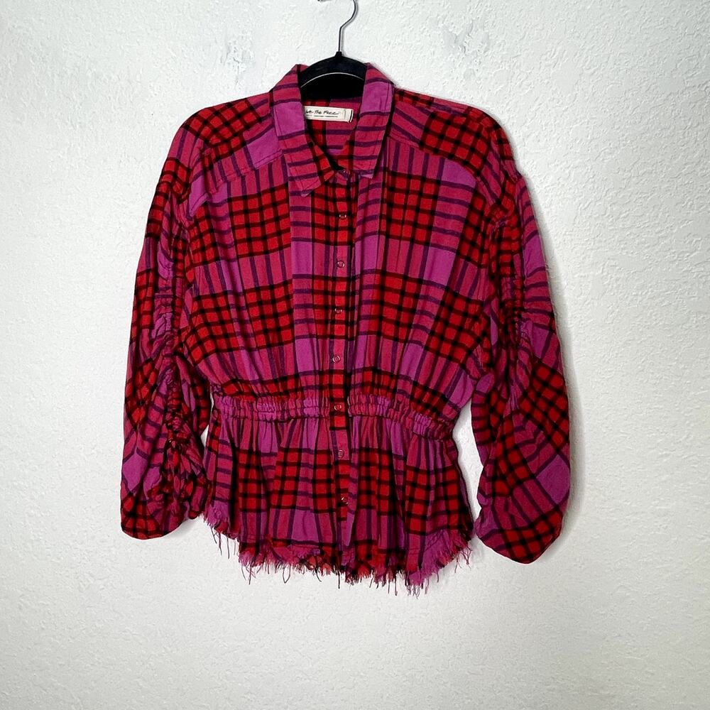 We The Free Pacific Dawn Plaid Shirt Womens S Pink Red Ruched Raw Hem